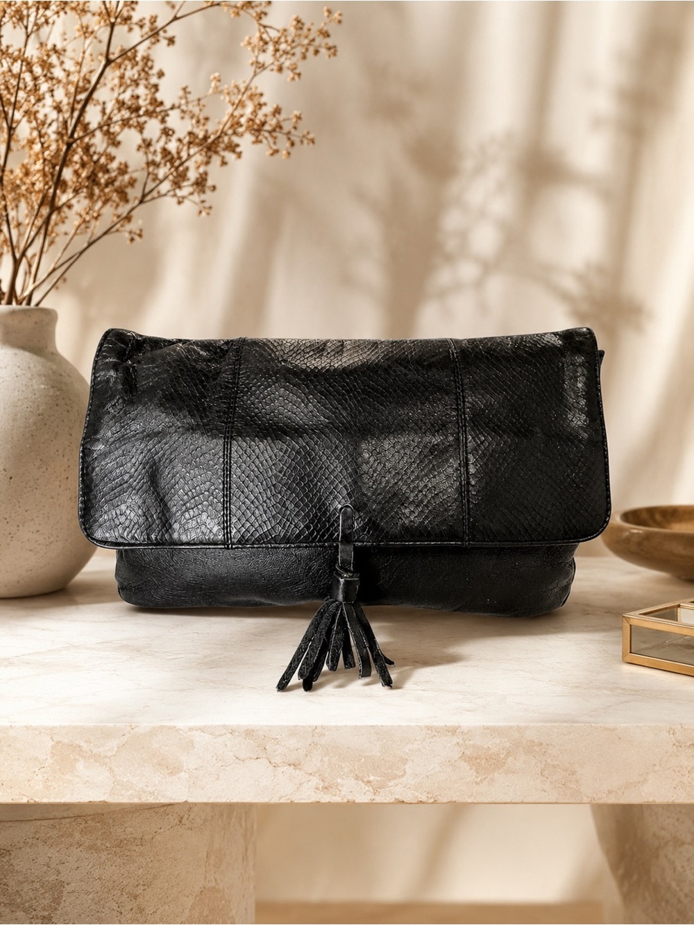 VTG Genuine Leather Black Tassel Clutch Oversized Foldover Purse Snake Texture